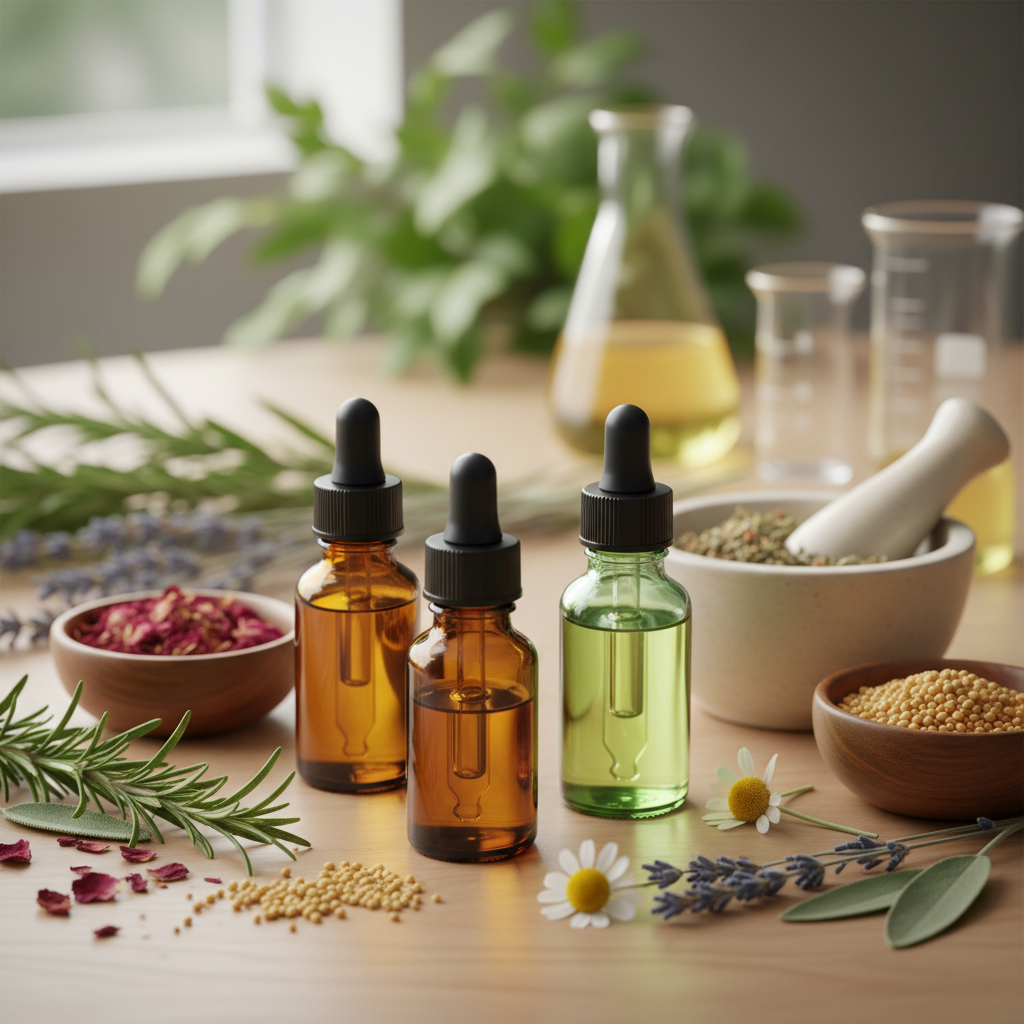 Близък план на естествени растителни масла и билки