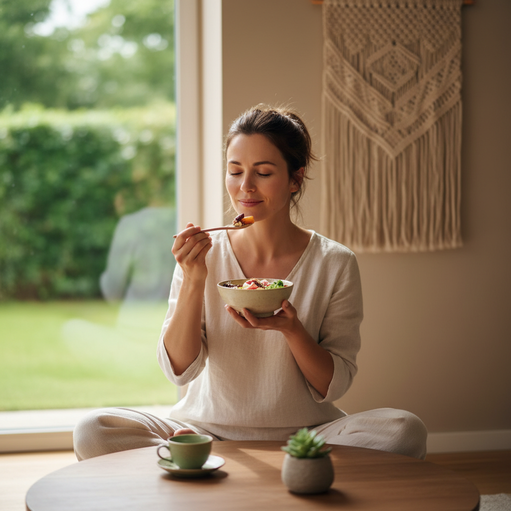 Снимка на човек, който се храни осъзнато в спокойна среда