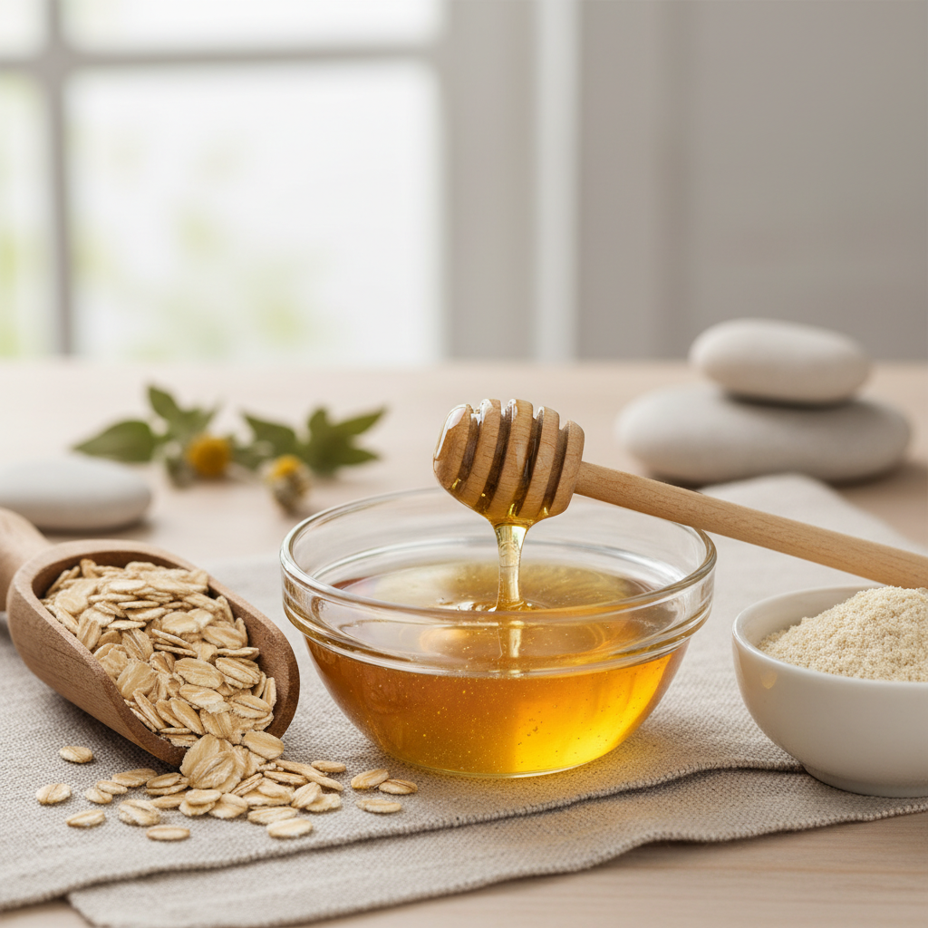 Снимка на съставки за домашна маска - мед и овес