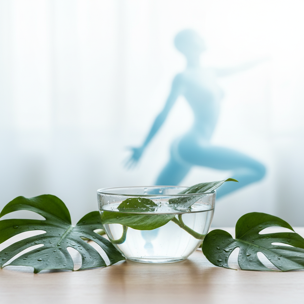 Снимка на чиста вода и зелени листа, символизиращи пречистване