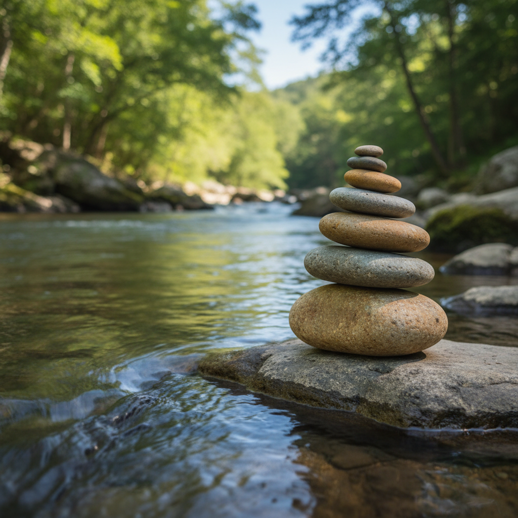 Снимка на камъни, подредени в баланс край река